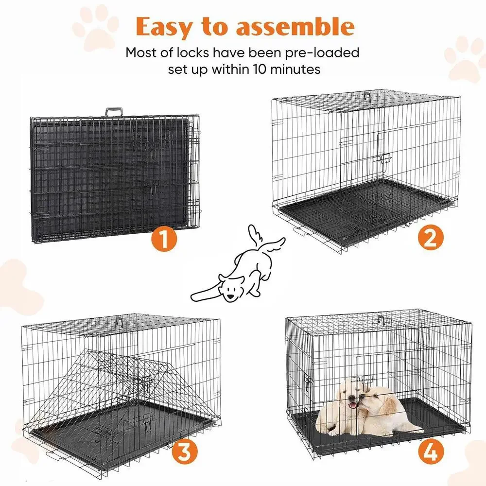 Double Door Folding Metal Wire Dog Cage with Plastic Leak-Proof Pan Tray